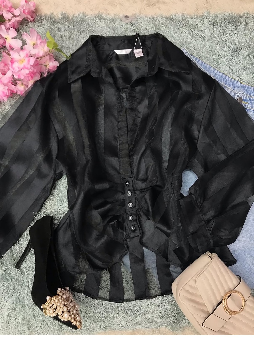 Anthropologie Kaktus Sheer mesh striped Black Button-Front ruched gathered top